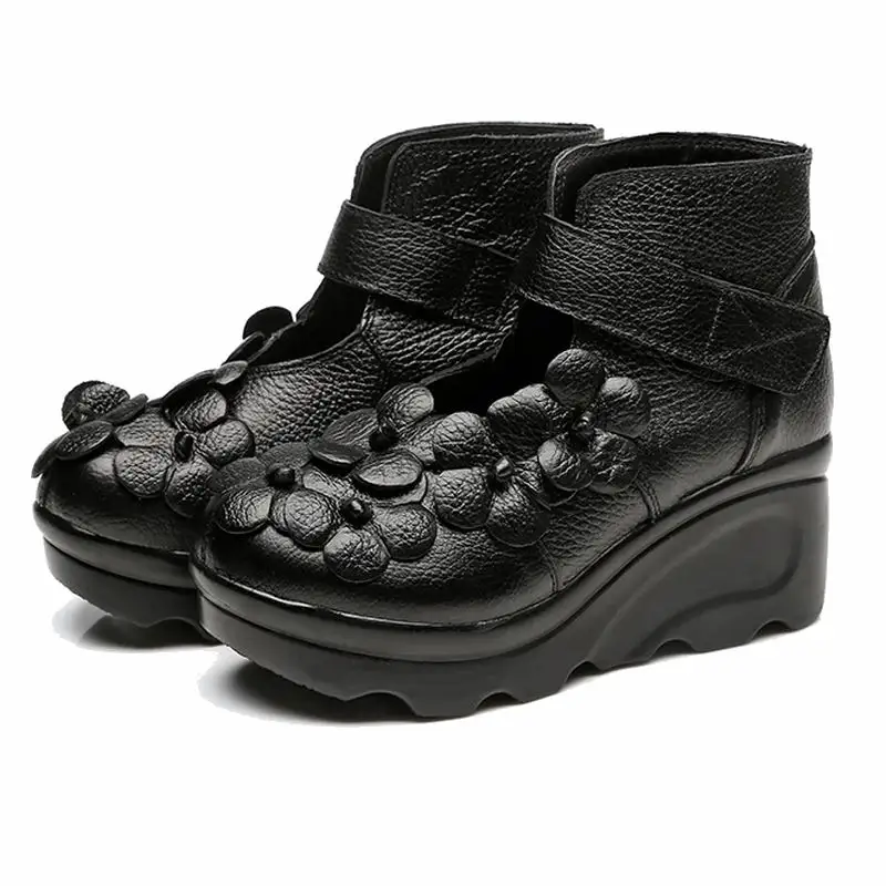 Женские ботильоны из натуральной кожи с круглым носком на танкетке|genuine leather ankle