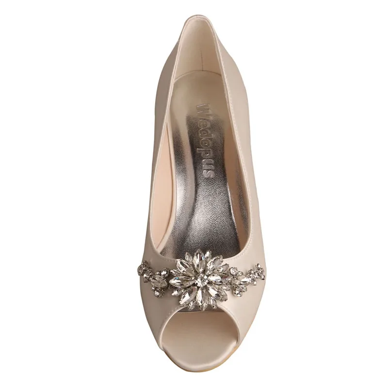 Женская свадебная обувь для невесты на низком каблуке с открытым носком, украшенная кристаллами, ручной работы