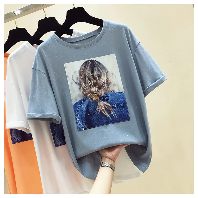

Bright Sequins Girl Back Short Sleeved T Shirt Women Spring Summer Shirts 2019 Korean Edition Blue Shirt Loose INS Tshirt Tees