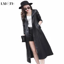 Lxmth PU кожаное пальто для женщин весна осень длинный Тренч модный пояс Тонкий 5XL размера плюс кожаная куртка женская черная