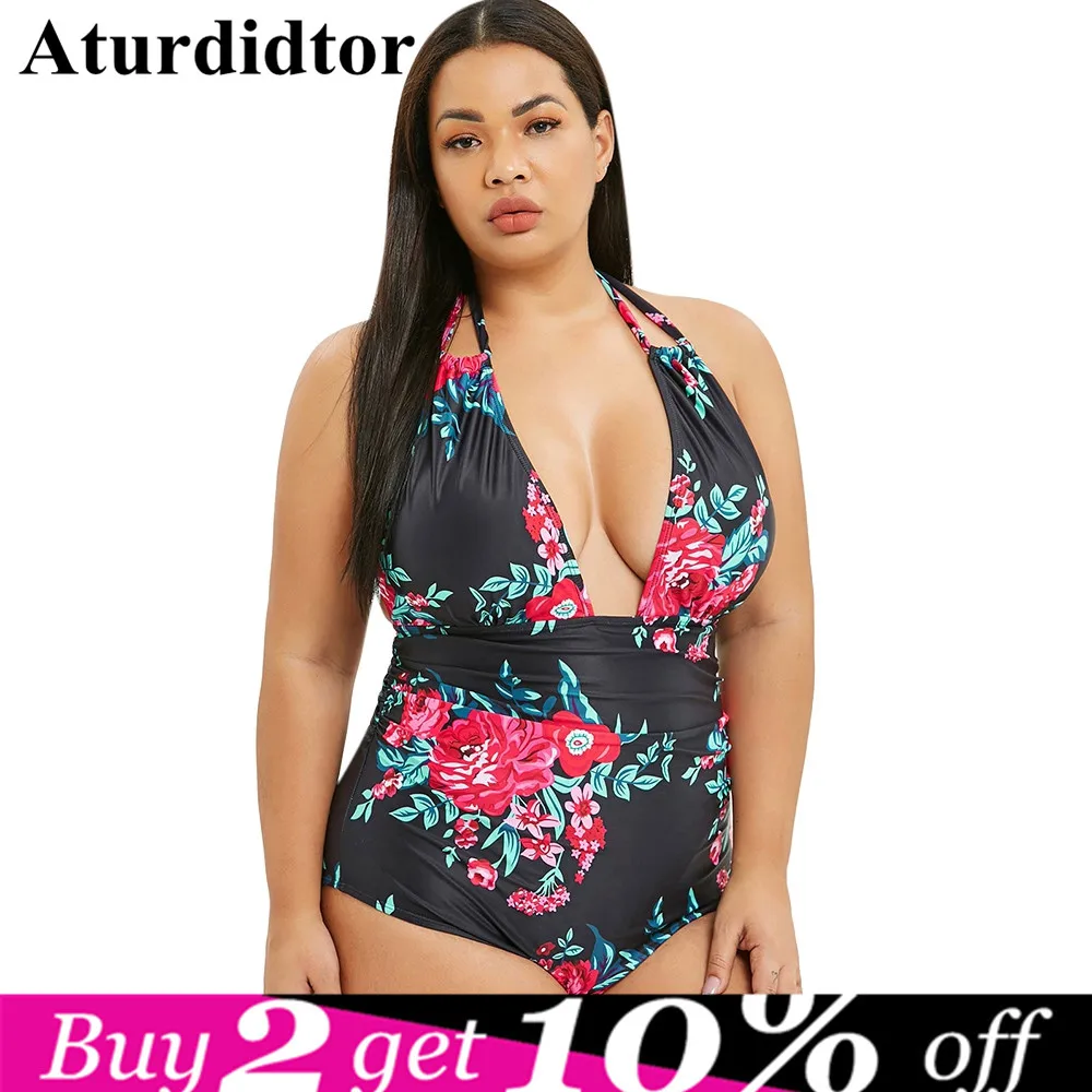 

Plus Size Floral Print Open Back Swimsuit Sexy Plunging Neck Halter Backless Monokini Bathing Swim Suit Trikini Swimwear Women