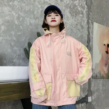 

Women Safari Jackets 2019 Spring New High Street Hooded Jacket Loose Casual Pink Hoodies Streetwear Pockets Chic Tracksuit Coat