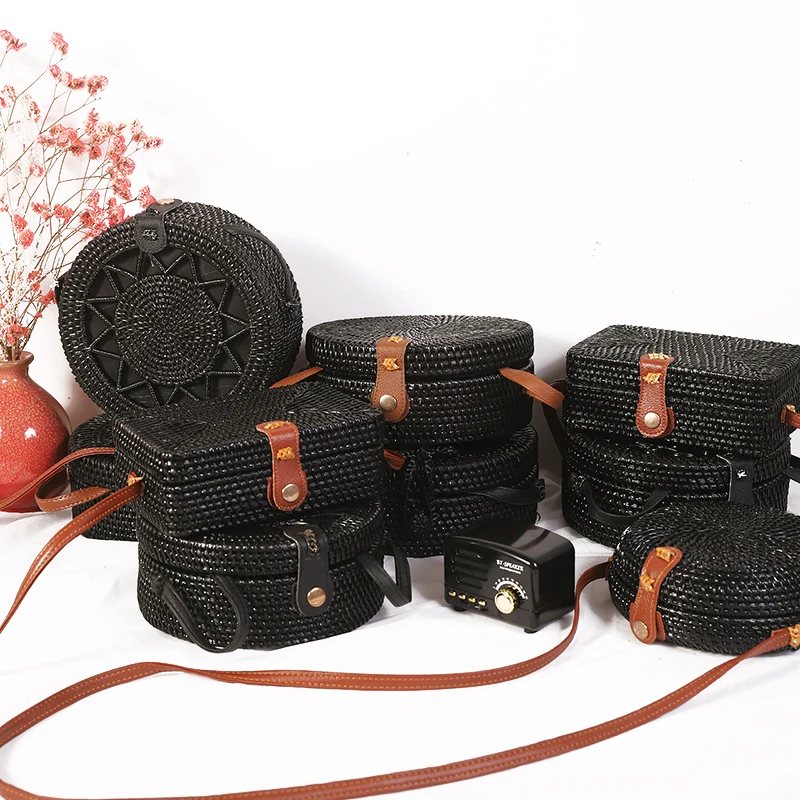  Woven Rattan Bag Round Straw Shoulder Bag Small Beach HandBags Women Summer Hollow Handmade Messeng - 32889172089