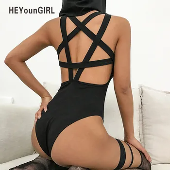 

HEYounGIRL Backless Sleeveless Sexy Bodysuit Harajuku Punk Black Bodysuit Women Hollow Out Bodycon Bandage Jumpsuit Summer 2019