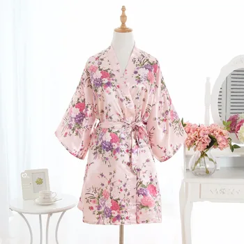 

2018 Women Silk Satin Short Night Robe Sakura Kimono Robe Bath Robe Sexy Bathrobe Peignoir Femme Wedding Bride Bridesmaid Robe