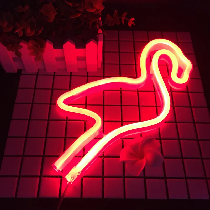 Hot Sale Led Neon Flamingo Light Cactus Holiday Night Lamp PVC Neon Sign USB  3AA Battery Led Lamp Christmas Birthday Gift desk table Green Red Wall Light  (2)