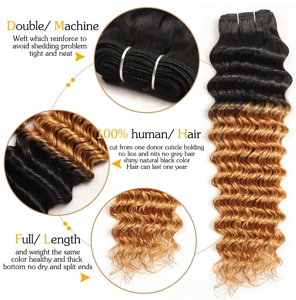 Pinshair Per-Colored Ombre T1B27 Malaysian Deep Wave 3 Bundle With Closure Blonde Human Hair Extension 4Pcs Weave Non Remy Hair (5)