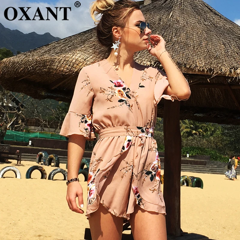 

Women's Playsuits Summer 2019 New Sexy Casual V-neck Ruffled Short-sleeved Boho Beach Resort Women's Printed Chiffon Jumpsuit