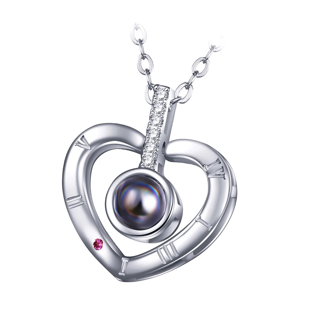 MagiDeal I Love You Memory Necklace Crystal Heart Pendant Nano Glass 100 Languages