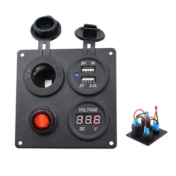 

Dual USB Charger Aluminum Switch Panel + LED Voltmeter + 12V Power Socket + ON-OFF Button Switch Four Hole Panel for Car Boat