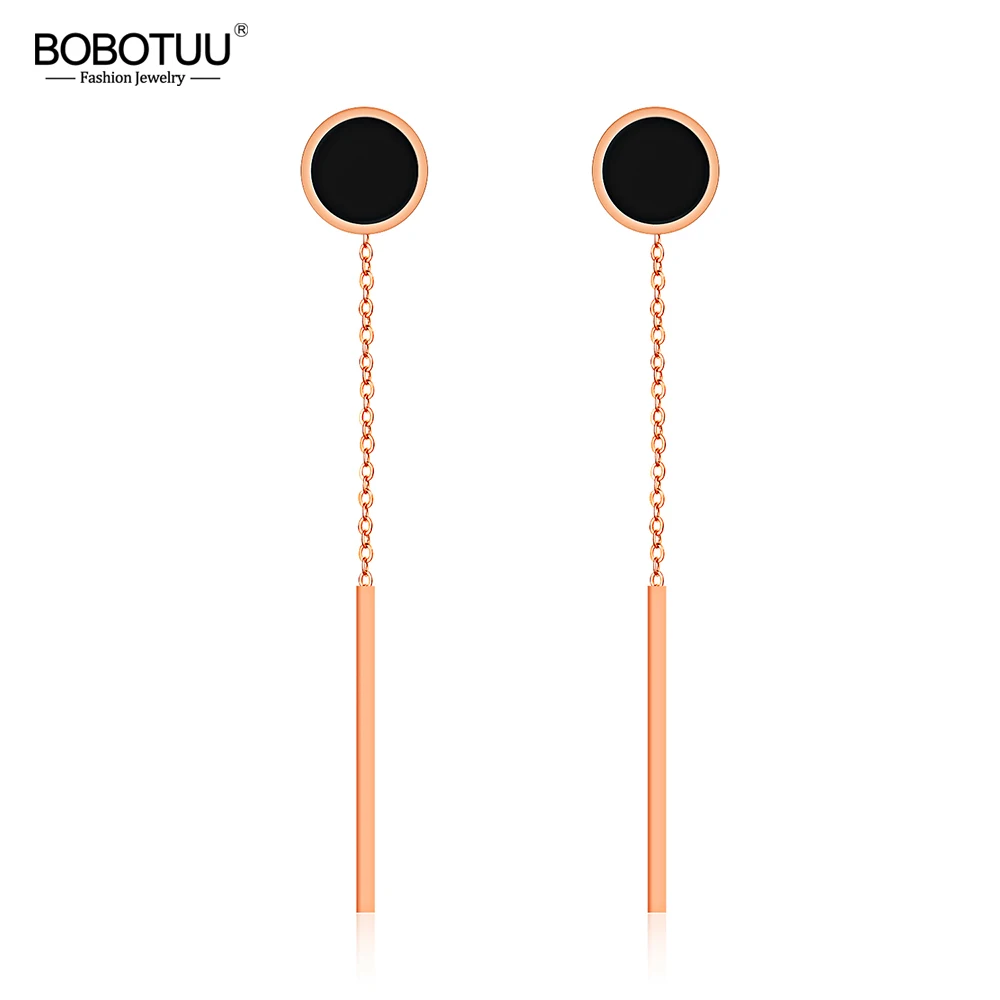 

BOBOTUU Simple Stylish Rose Gold Black Circle Drop Earrings Jewelry Trendy Stainless Steel Dangle Earrings For Women BOGE356