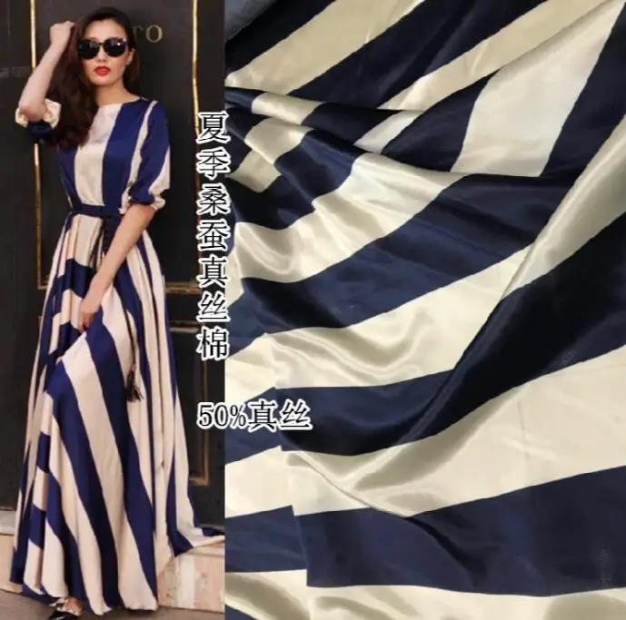 

Blue strips sexy Silk cotton micro-transparent dresses fabric,printing textiles hollandais sequin christma wedding fabric A081