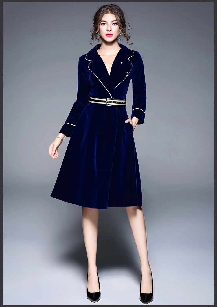 Женское бархатное длинное пальто новое осенне-зимнее высококачественное модное офисное женское ТРАПЕЦИЕВИДНОЕ однотонное платье с поясом и отложным воротником шерстяное пальто