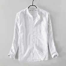 Новое поступление, повседневная мужская рубашка в полоску с маленьким стоячим воротником, хлопковая льняная рубашка, мужские белые рубашки с карманами, Мужская сорочка
