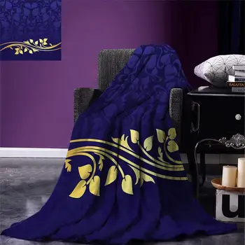

Floral Throw Blanket Romantic Royal Leaf Pattern with Golden Colored Floral Branch with Leaves rectangle Blanket