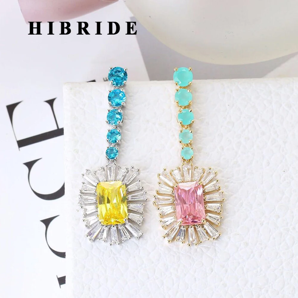 

HIBRIDE Large Multi-color Stone Earrings Square Shape Women Bride Long Dangle Earrings Wedding Party Luxury Accessories E-492