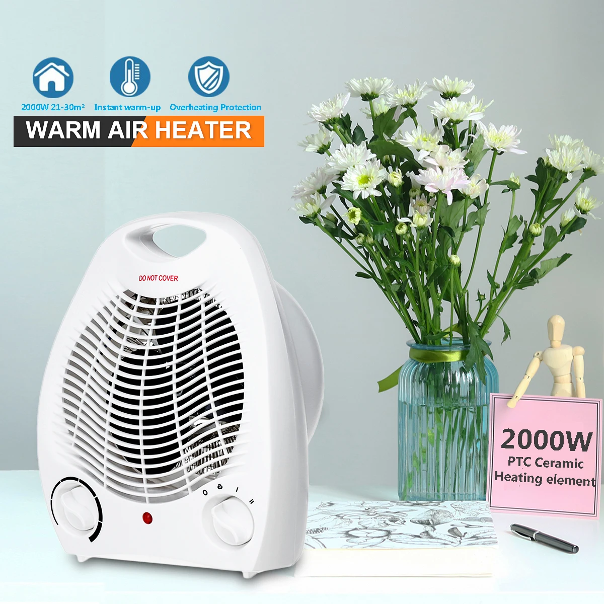 Электрическая грелка Air теплый и прохладный вентилятор 2000 Вт Термостатический регулятор 2 температурных режима Регулируемый комнатный или