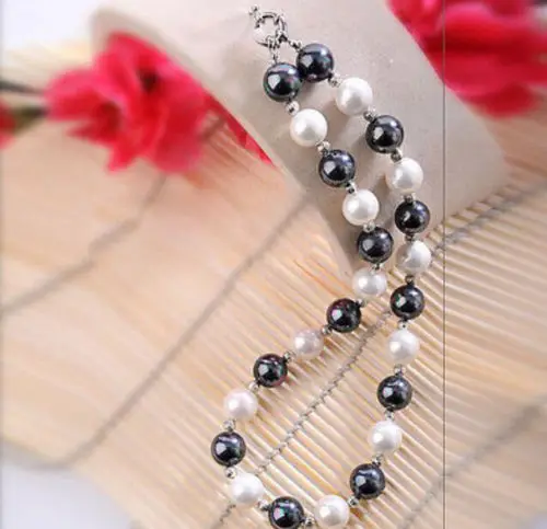 

Free shipping ddh003807 Real Natural 10mm Black & White Sea Shell Pearl Necklace 18'' A+