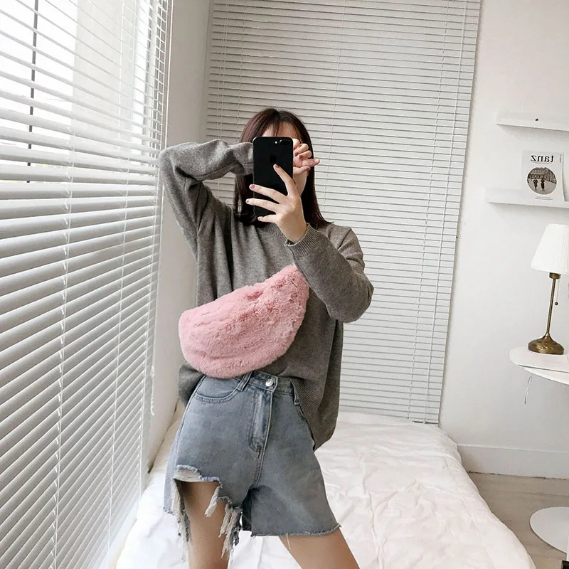 

Women Fanny Pack Imitation Mink Waist Bag Imitation Fur-lined Chest Bag Female Winter Casual Shoulder Bags banana Backpack A203