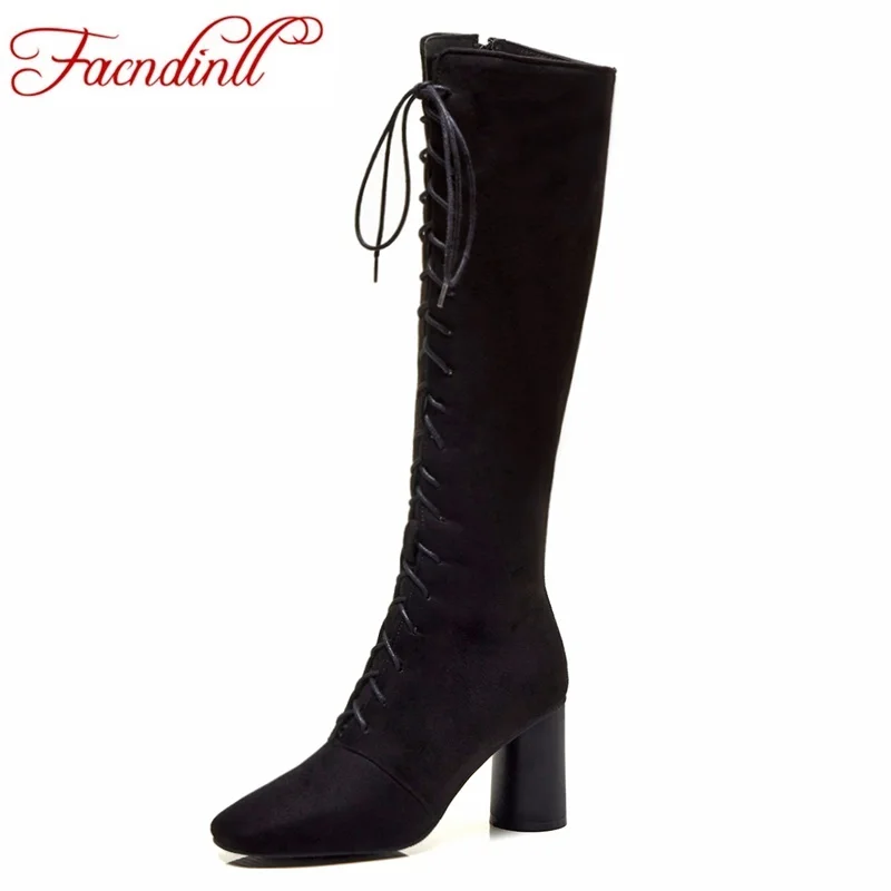

FACNDINLL women gladiator long boots new sexy high heels black zipper rome style shoes woman dress party knee high boots 34-45