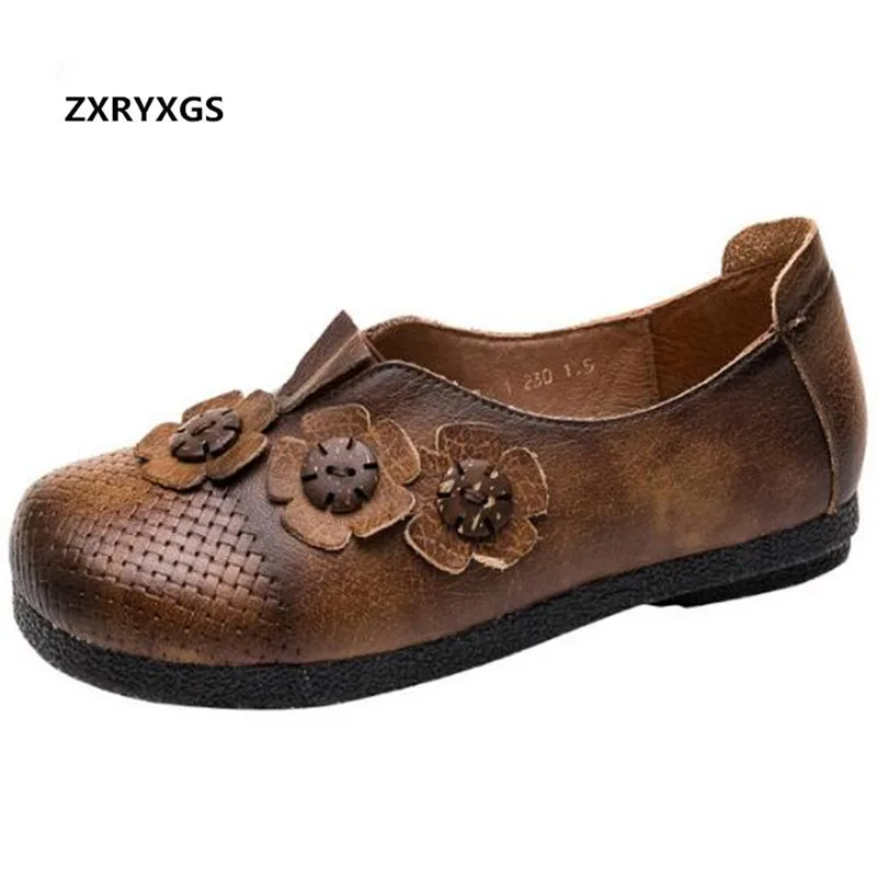 

High End Elegant 100% Natural Full Genuine Leather Shoes Woman Fashion Shoes 2019 Spring Hand Made Flower Women Shoes Flat Shoes