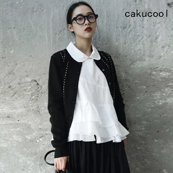 

Cakucool Dark Black Spring Woolen Open stitch Knit Outerwear Slim Vintage Knit Jackets Coats Female
