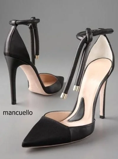 

Fashion Design Women Black PU Leather Heels Sexy Pointed Toe Lace Up Thin High Heel Pumps This Year New Style Hot Selling Shoes