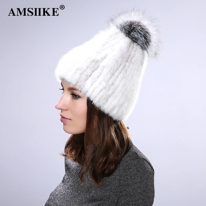 AMSIIKE женские шапки 2019 натуральный мех норки с серебряной лисой меховая шапка