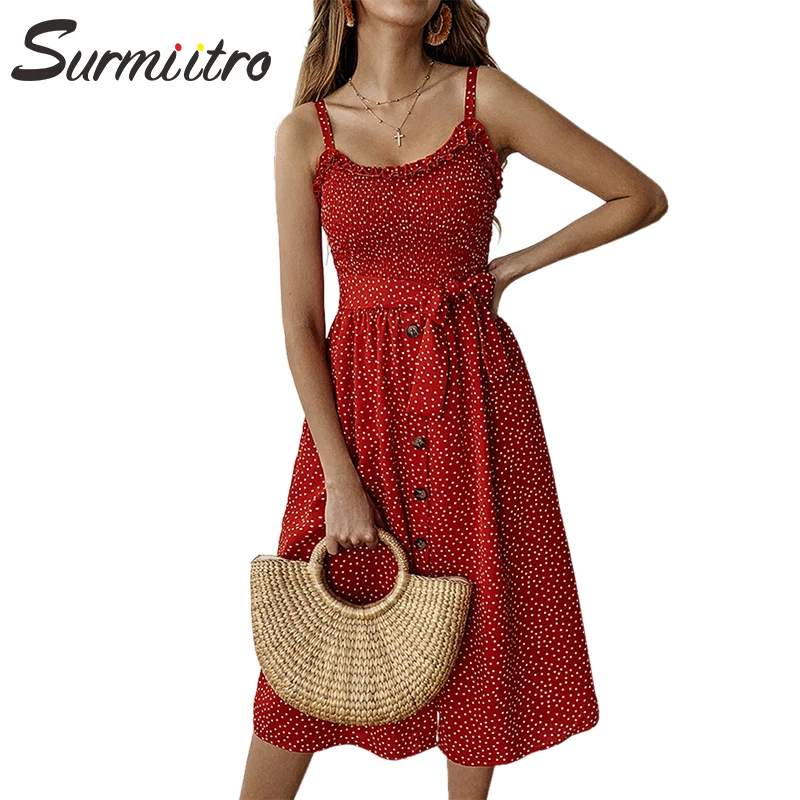 

Surmiitro Dot Print Red Strap Dress Women 2019 Spring Summer Fashion Button Tunic Beach Sundress Female Midi Length Party Dress