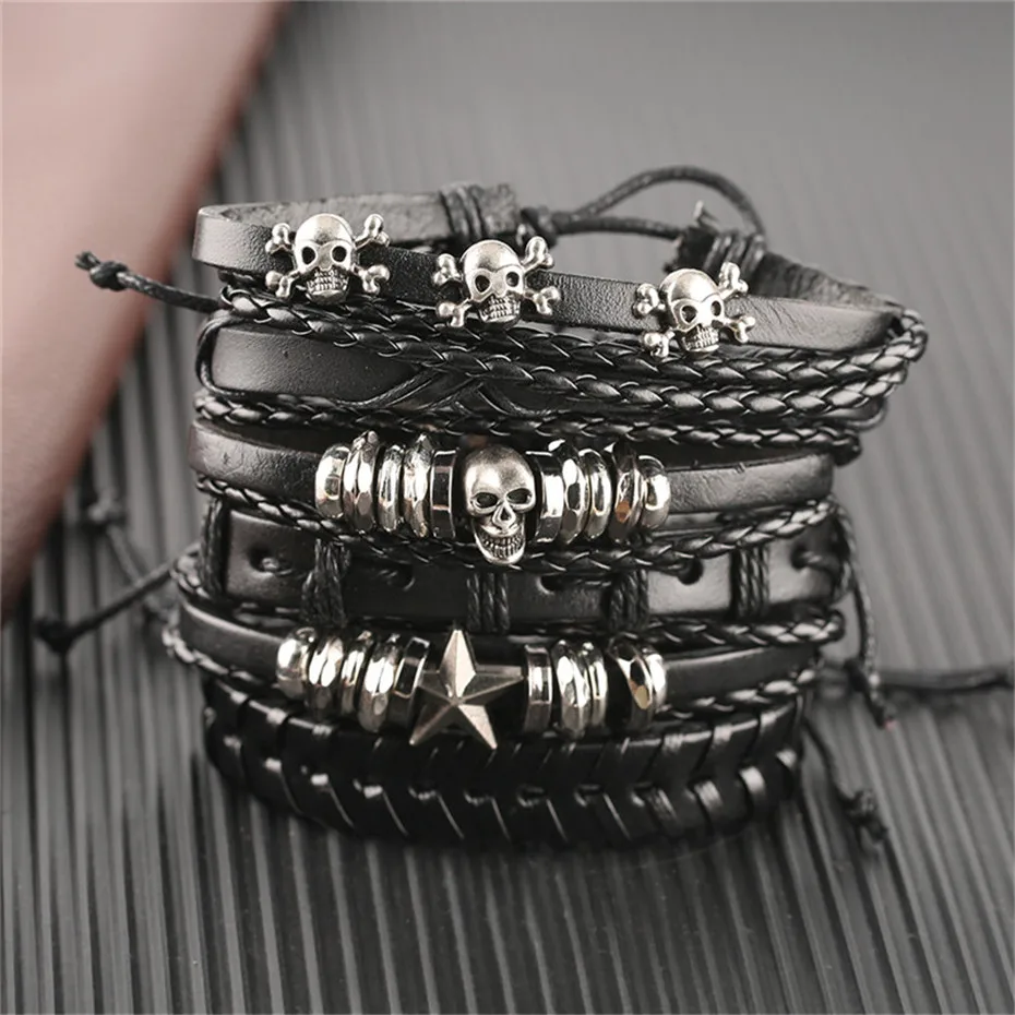 Black Brown Geometric Shape Rope Chain Mens Bracelet Set Punk Genuine Leather Bracelet Charms Gifts For Men (26)