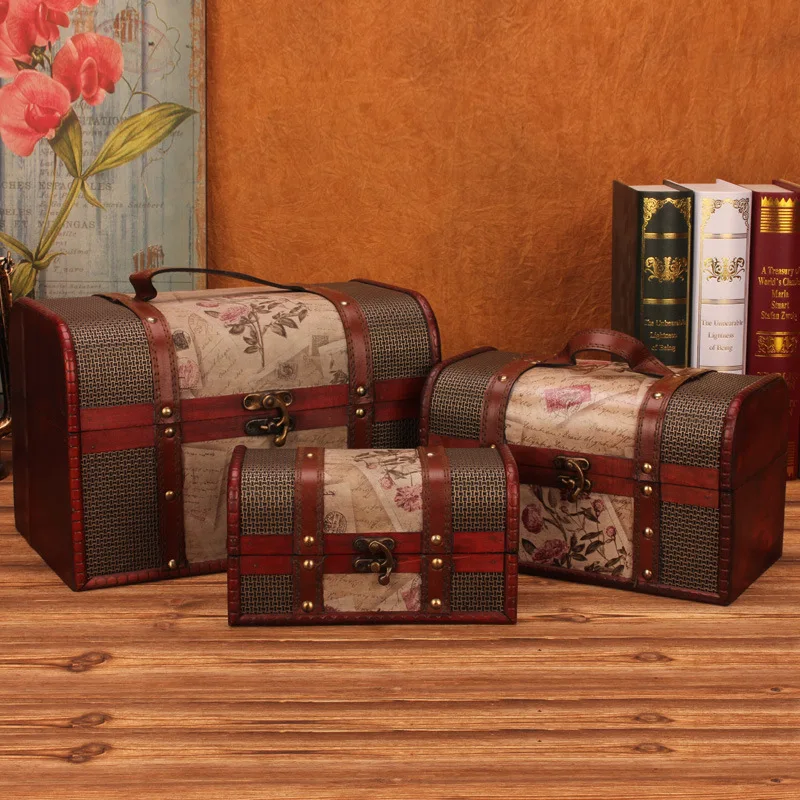 

GUSHIFU Wooden storage jewelry box big Vintage wood box Stamp patterns Metal Lock Jewelry suitcase Manual Desktop ornaments