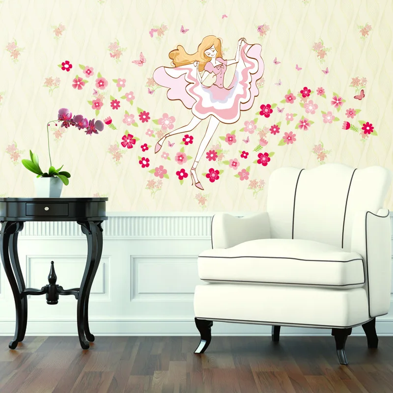 Green flowers girl wall stickers living room bedroom decoration bedside
