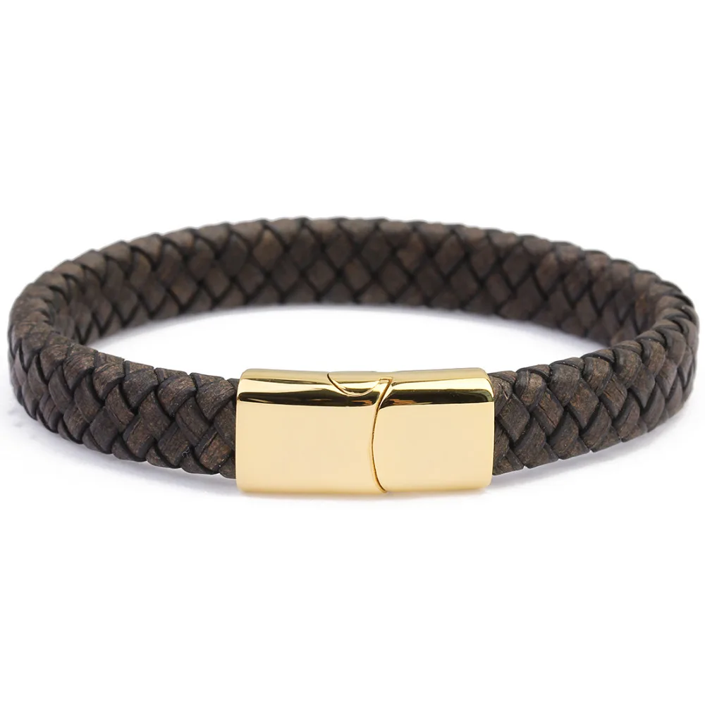 Fashion Male Jewelry Braided Leather Bracelet Handmade Bracelet Black Stainless Steel Magnetic Clasps Men Wrist Bangles