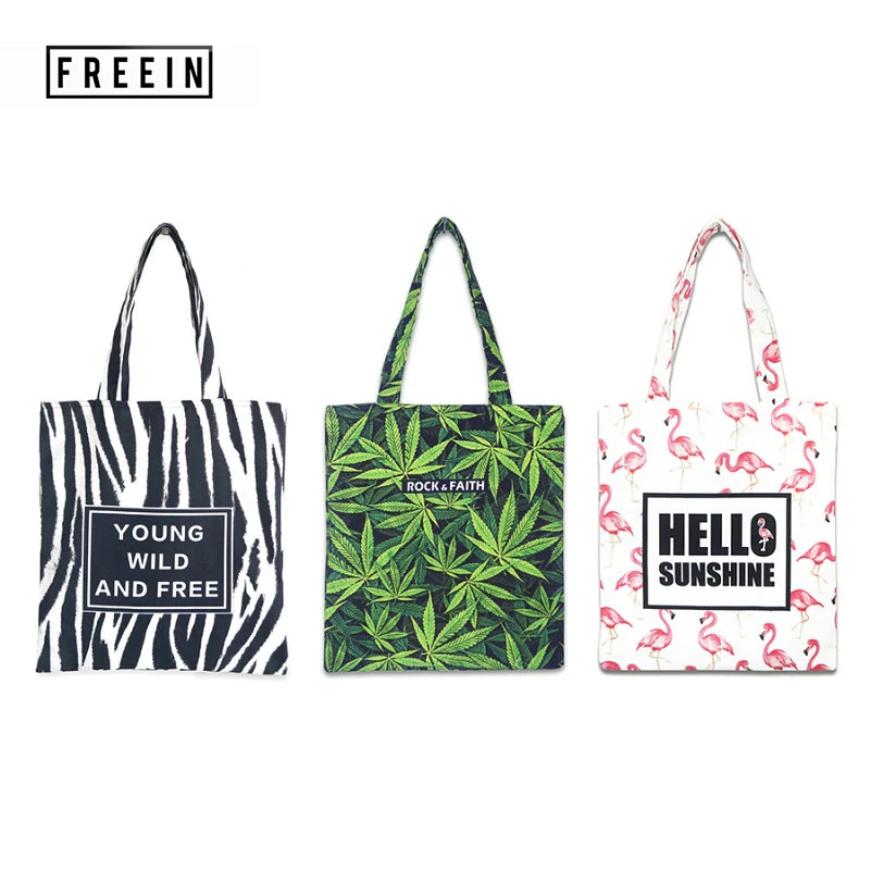 

Canvas bag Printing Women Shoulder Shopping bag Beach Fashion Flamingo Leaf Animal Art Reusable Folding Girls Female Holiday