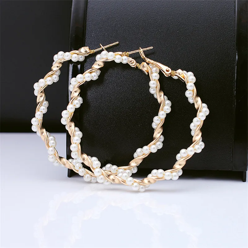1Pair Hyperbole Big Simulated Pearl Hoop Earring for Women Jewelry Bohemian Statement Punk Round Earrings Fashion E80 | Украшения и