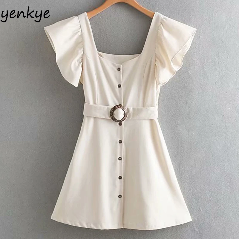 

Modis 2019 Summer Women Solid Color Belt Dress Fashion Lady Square Neck Short Sleeve A-line Mini Elegant Dress OZZ9119