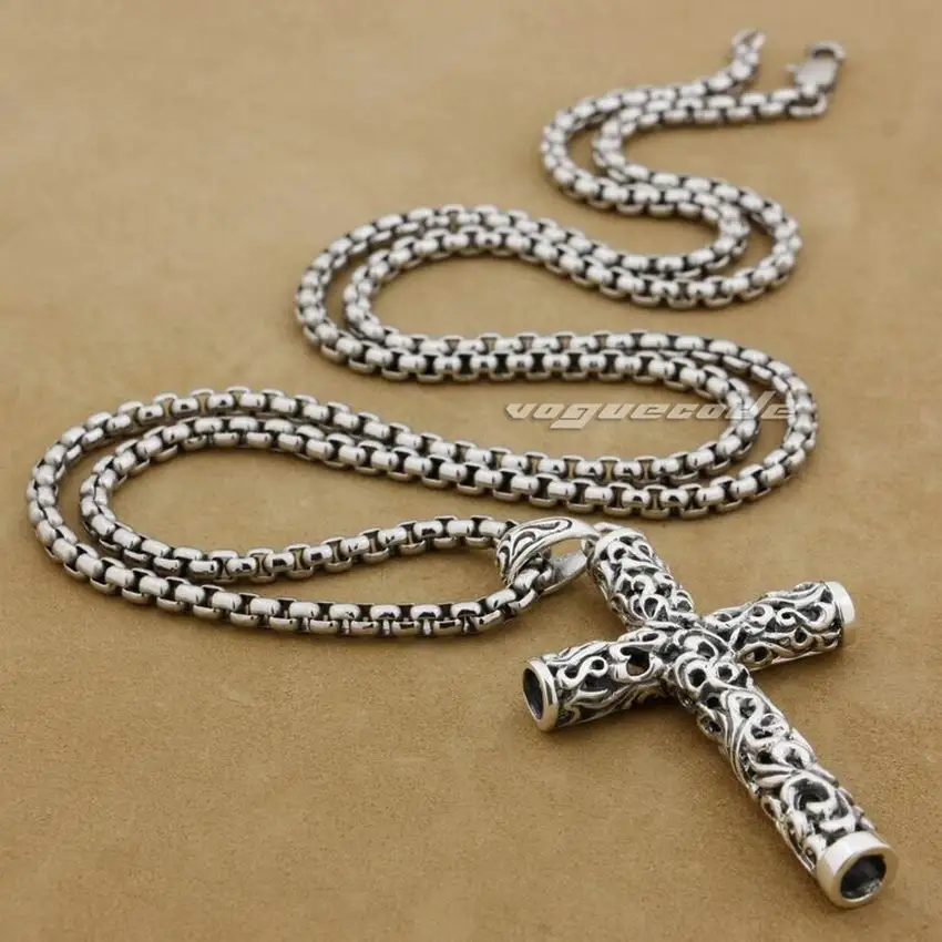 LINSION Cylinder Cross 925 Sterling Silver Mens Biker Rocker