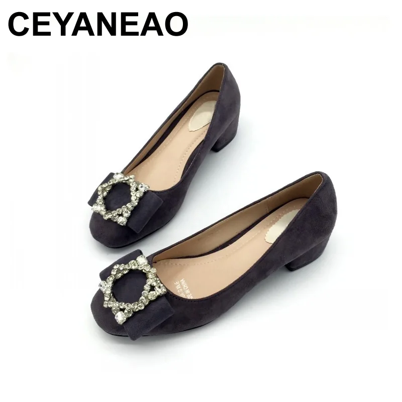 

CEYANEAO Fashion Women's Pumps Spring Autumn Flock Square To Rhinestone Slip On Med Heels Pumps Ladies Square Heel Single Shoes