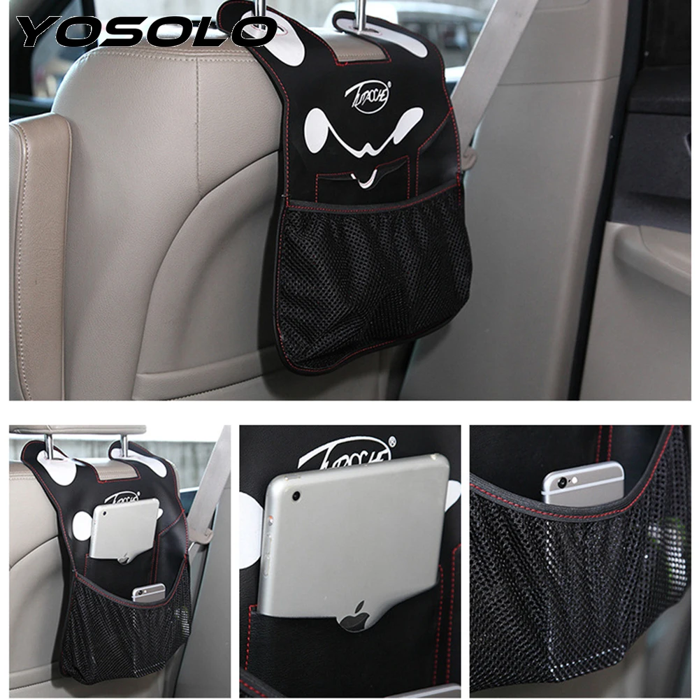 YOSOLO Mesh Car Organizer Auto Back Seat Storage Cute Cartoon PU Leather Bag Phone Tissue Holder Car-styling Car Accessories