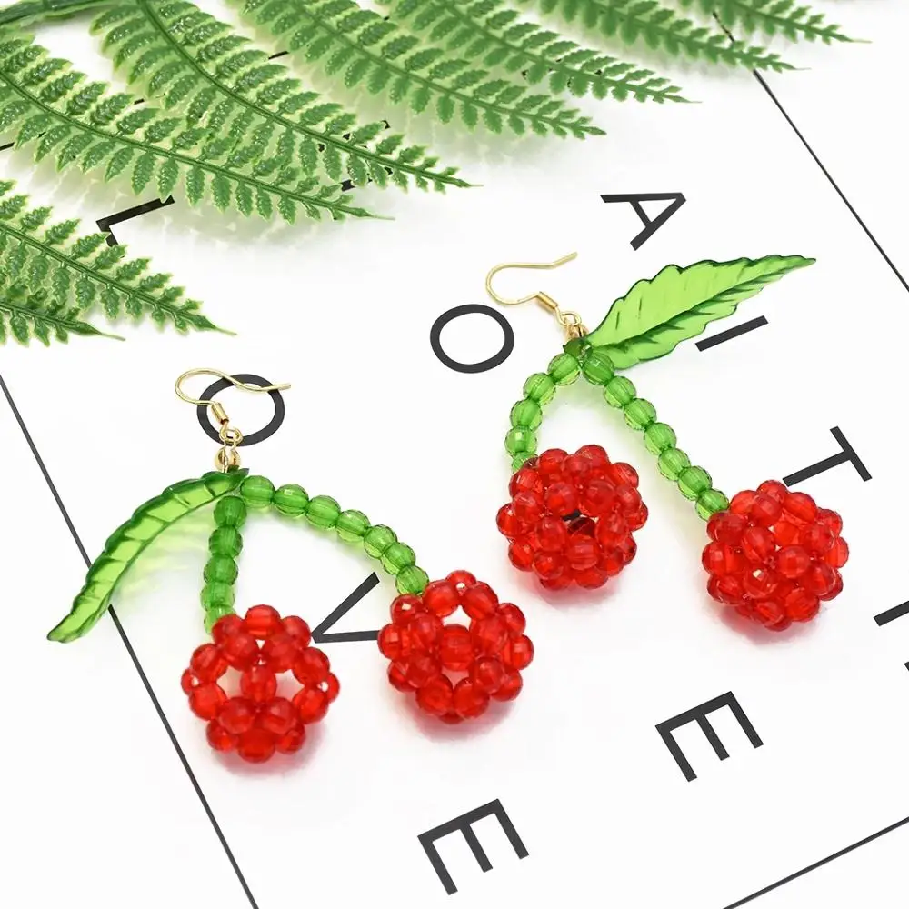 

Korean Green Red Resin Bead Cherry Watermelon Drop Earrings For Women Sweet Fruit Crystal Earring Summer Beach Holiday Jewelry
