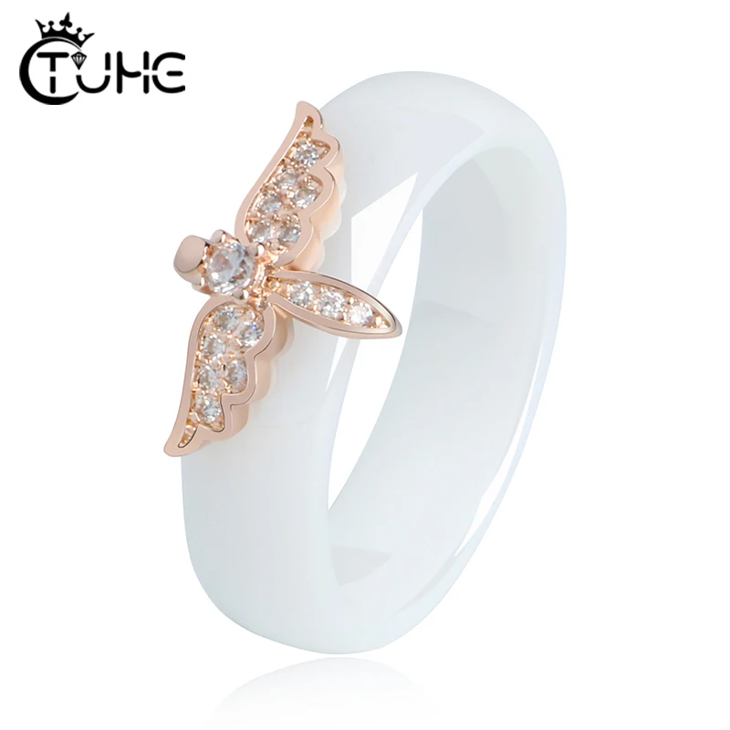 

CZ Rhinestone Butterfly Rings for Women 6mm Healthy Never Fade Color Ceramic Rings Pink Blue Black White Color Fashion Jewelry