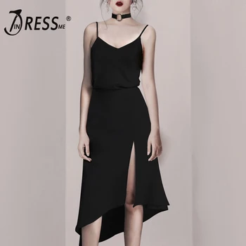 

INDRESSME 2019 New Sexy Spaghetti Straps V Neckline Slit Asymmetrical Hemline Party Little Black Dress Midi