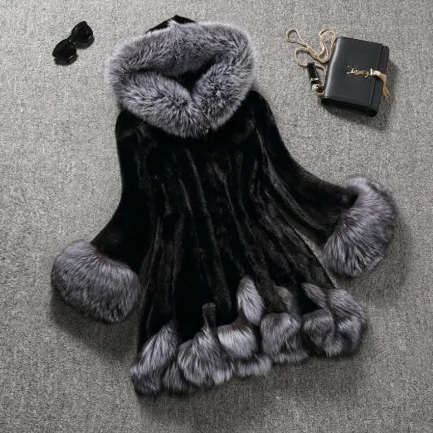 Capuchon Faux Veste Artificielle Épaisse Renard 2018 Femmes Longue Vison Patchwork D'hiver À Noir Chaud Manteaux Ruches Blanc noir Chaude De Manteau Fourrure qxgUtU
