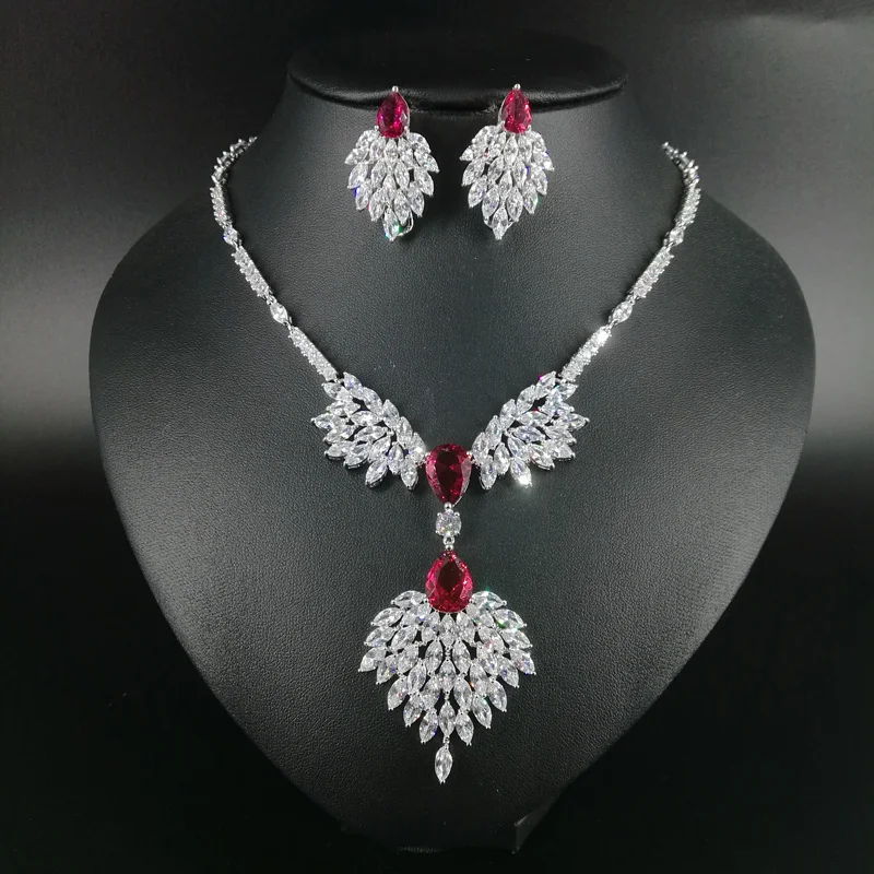 

2019 new fashion luxury retro v style red zircon necklace earring set,wedding bride dinner party formal jewelry set free shiping