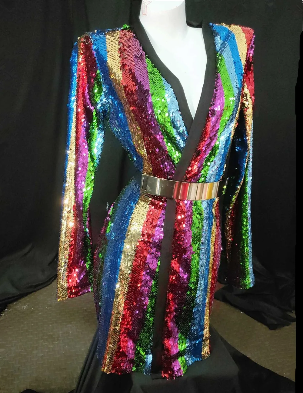 

Sexy V-Neck Long Sleeve Colorful Sequined Irregular Cardigan Dress Women Singer Nightclub Bar Concert One Piece Dress Stage Wear