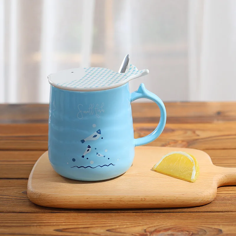 Literary fresh fish ceramic cup with lid spoon cute simple mug (3)