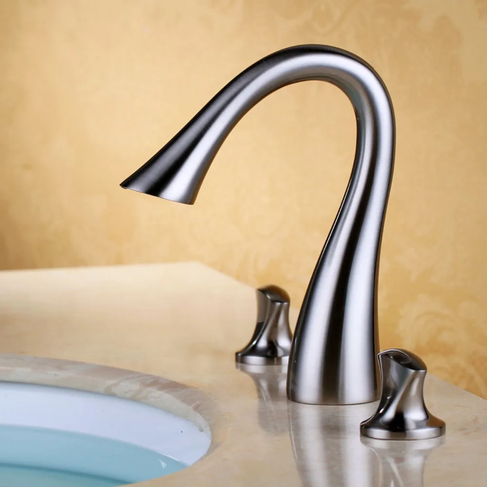 

Free ship Modern 3 Hole Brass Taps Sleek Design Widespread Bathroom Vessel Sink Faucet brushed nickel
