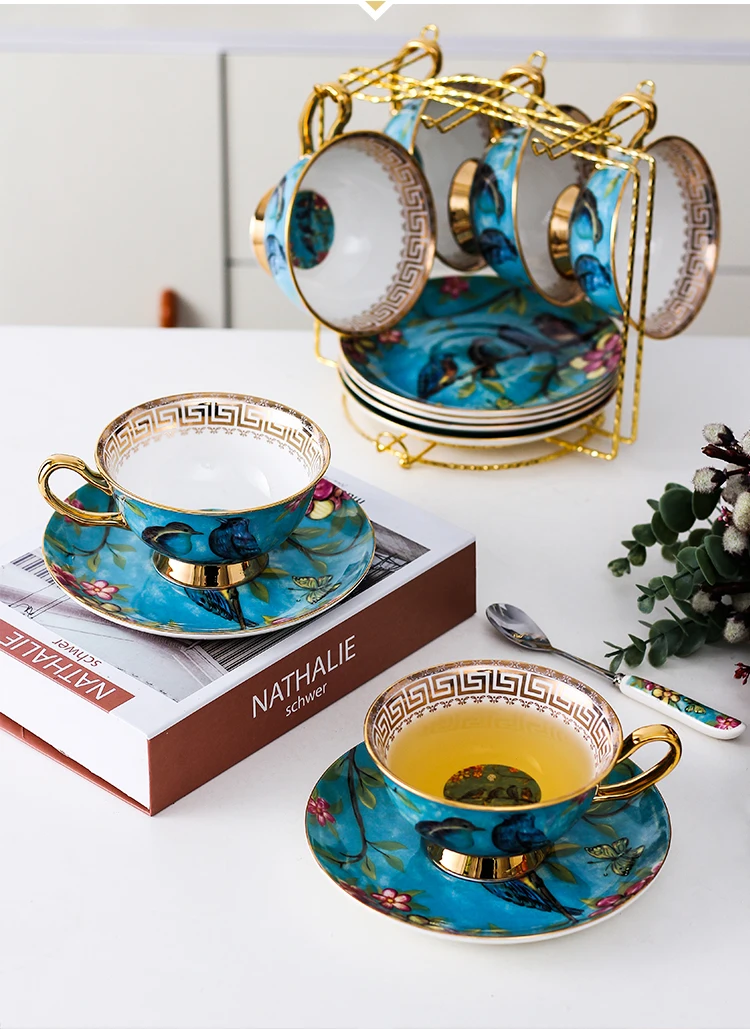 New Superior Luxury Floral and Birds Bone China Coffee Tea Cup Saucer Gold Plated Ceramic Porcelain Coffee Tea Gifts Box Sets