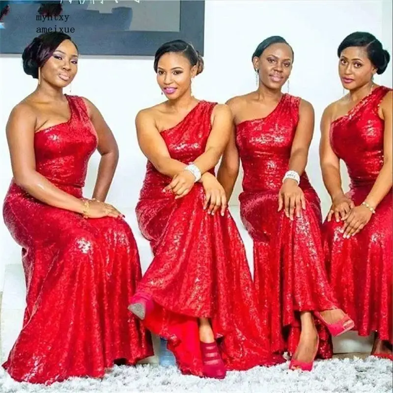 

african Red One Shoulder Sexy Sequins Evening Dress Floor Length Sequined Evening Dress Wedding For Wedding Party
