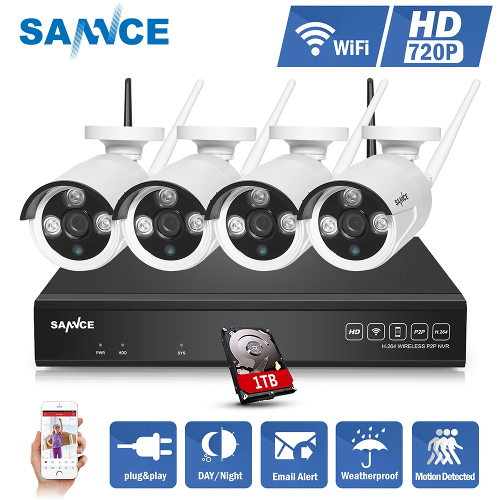 

SANNCE 4CH Wireless NVR CCTV System 720P IP Camera WIFI Weatherproof IR Night Vison CCTV Home Security Camera Surveillance Kit